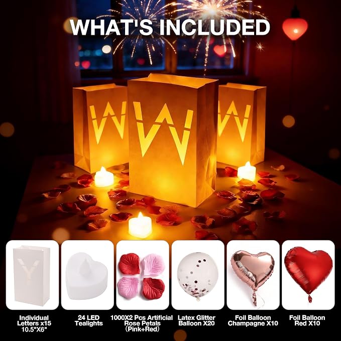 Happy Birthday Light Up Letters Luminary Bags with Tea Lights Candles, Latex Balloons, Aluminum Balloons and Rose Petals Surprise Gifts Banner Birthday Decorations for Women and Men