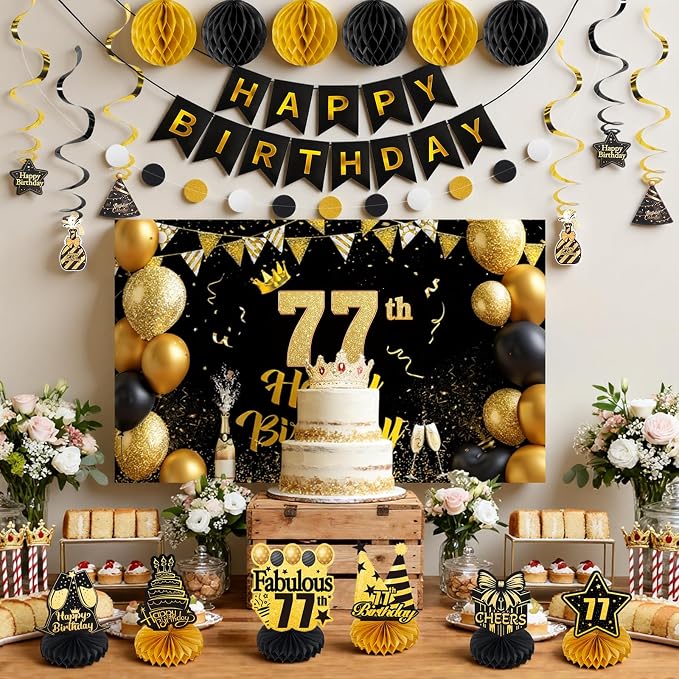 Happy 77th Birthday Party Decoration: Including Birthday Banner Backdrop, Party Table Centerpieces and Hanging Swirl Party Streamers, Birthday Decor for Men and Women (Gold/Black, 77th Birthday)
