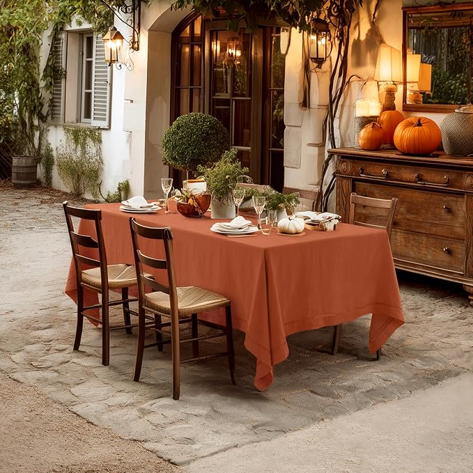Linen World Fall Linen Tablecloth 55" x 55" Inch,French Linen Washable Rectangular Table Cloth for Dining,Outdoor, Weddings and Restaurants,Decorative Thanksgiving Christmas,Caramel Hemstitch