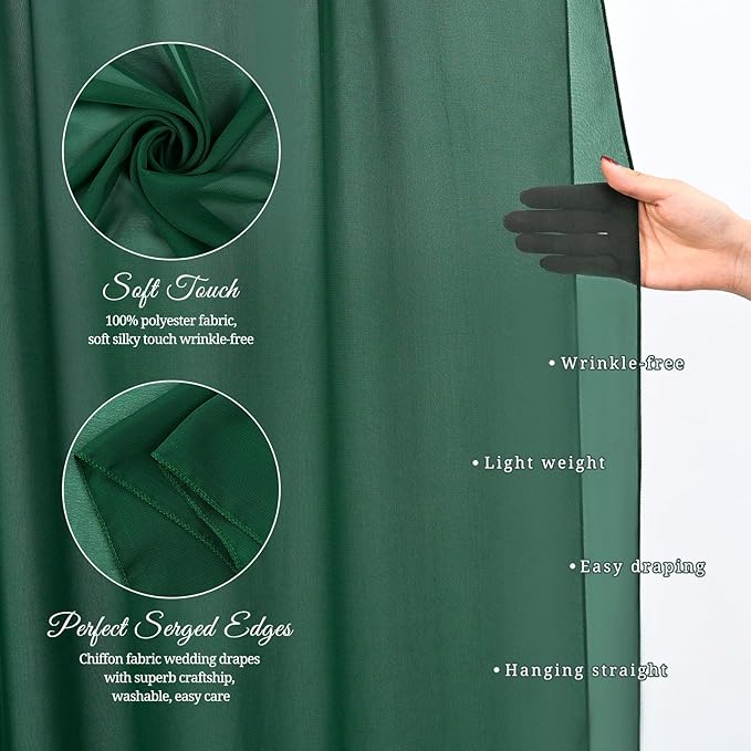 Wedding Arch Draping Fabric,4 Panels 28" x18ft Emerald Green Wedding Arch Drapes for Ceremony Sheer Chiffon Fabric Drapes Arbor Drapery Decorations for Reception Party