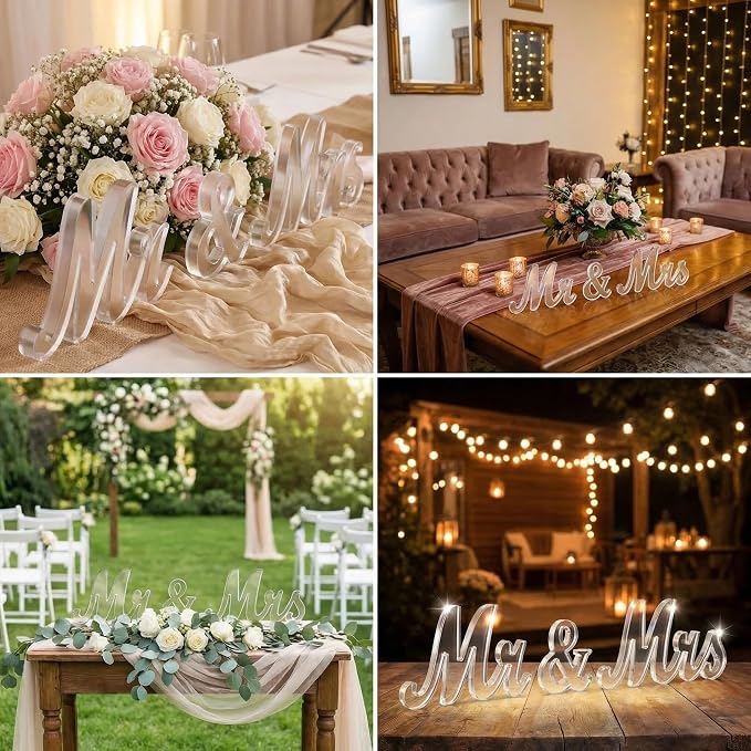 Mr & Mrs Sign for Wedding Table Decor,Large Acrylic Mr and Miss Sign,Photo Props, Freestanding Wedding Centerpiece Table Letters for Anniversary,Party (Transparent, 0.7'')