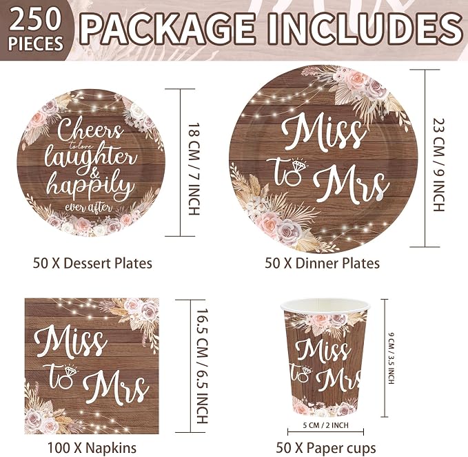 250Pcs Rustic Bridal Shower Decorations love laughter and happily ever after Plates and Napkins Miss to Mrs Decorations Favor for Boho Floral Vintage Wedding Engagement Dinner Party Supplies Serves 50