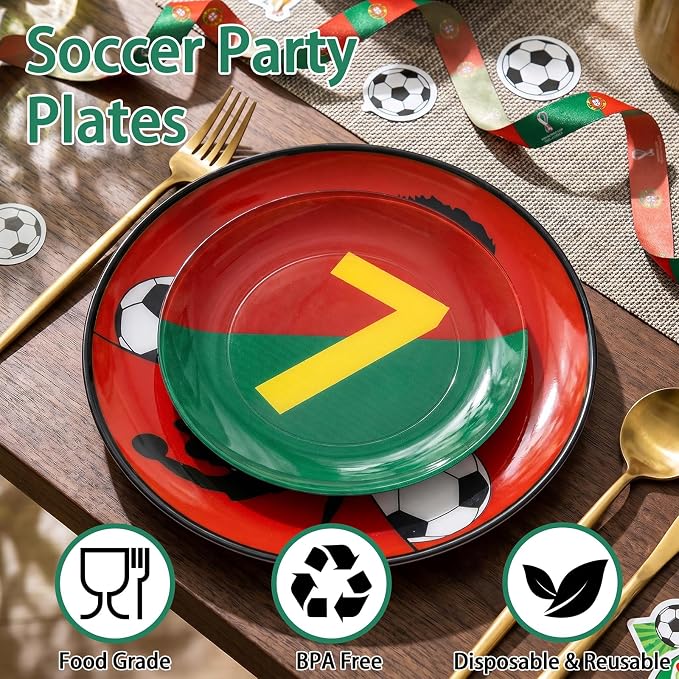 I00000 20 Pcs Disposable Soccer Plastic Plates -Red plastic Plates,Heavy Duty Disposable Plates for Global Soccer Celebration Party Supplies include 10.25" Dinner Plate& 7.5" Dessert Plate for Party