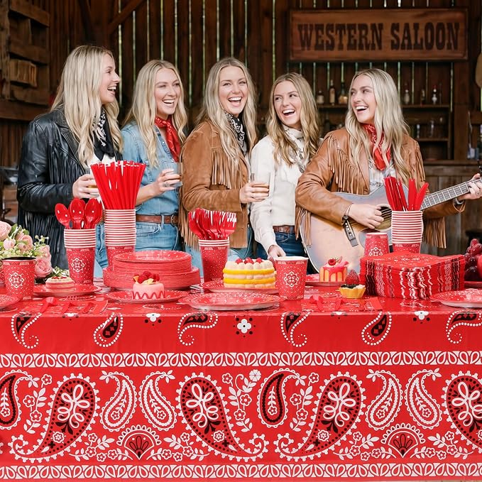 Funnymoom 452 Pcs Red Bandana Western Party Decorations for 50 Guests, Red Bandana Paper Plates Cups Napkins Tablecloth Cutlery Straws for Cowboy Cowgirl Farm Baby Shower Birthday Party Supplies