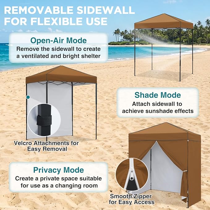 EAGLE PEAK 6x4 Instant Pop Up Canopy Tent with 4 Side Wall Panels, Straight Leg Sun Shelter, Portable Canopy with Carry Bag for Camping, Beach & Sports, Khaki