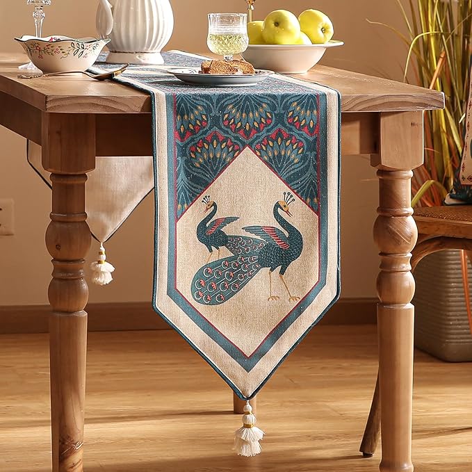 bilin gaier Vintage Blue Peacock Small Table Runner for Table,Decorative Linen 63 Inches Long Table Runners,Decor Tabletop for Kitchen,Dining,Tea Party,Home,Christmas,12"x63"