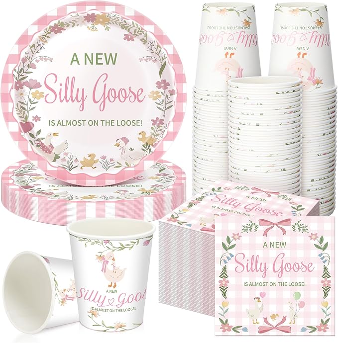 Hushee 200 Pcs a New Silly Goose Baby Shower Paper Plates Cups Napkins Funny Goose Birthday Party Favors Set Serves 50 Guests Disposable Pink Tableware Set for Gender Reveal Party Supplies