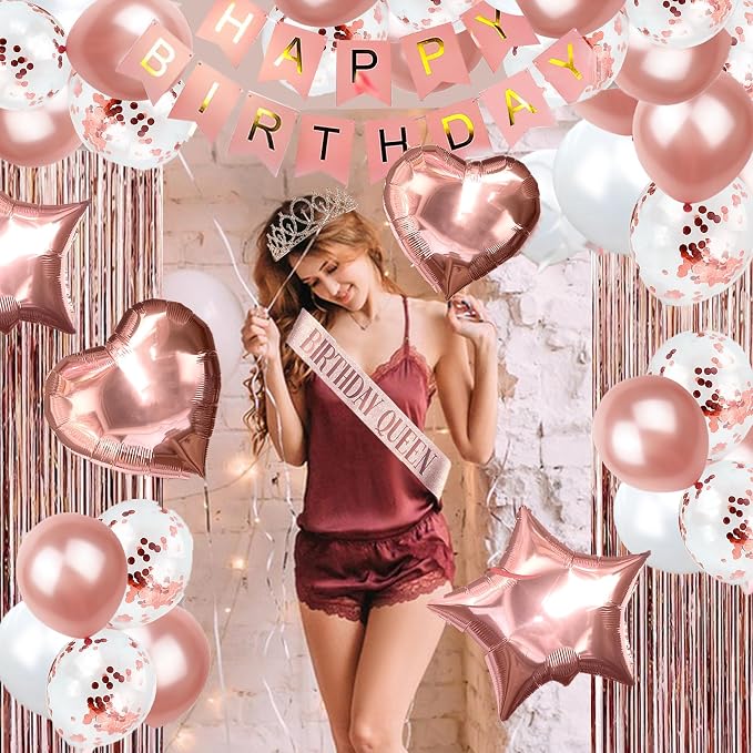 253 Pcs Birthday Decorations for Women, Rose Gold Party Decorations for Women, Party Decoration Supplies, Tableware Kit, Banner, Tassel Curtain, for 25 Guests