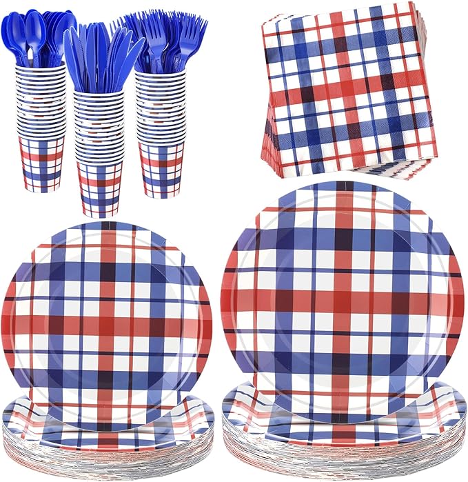 Shellwei 350 Pcs 50 Guests 4th of July Patriotic Tableware Set Red White Blue Buffalo Plaid Disposable Paper Plates, Napkins, Cups & Plastic Utensils for Independence Memorial Day Party Decorations