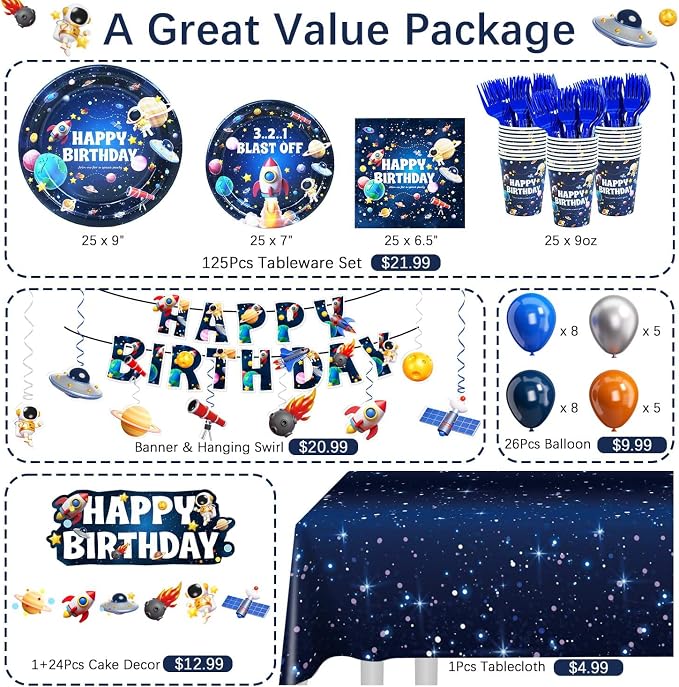 Space Themed Birthday Party Decorations Plates Set, All-In-One Outer Space Planet Party Plates Napkins Cups Forks Banner Hanging Swirls Cake Cupcake Toppers Tablecloth Balloons Kit