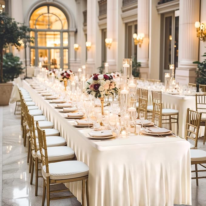 Shillance 8 Packs Ivory Spandex Table Covers 8 Foot, Fitted Stretch Table Cloth with Skirts 96x30 Inch, Wrinkle-Free Floor Length Rectangle Tablecloths for Weddings Parties Banquets Events