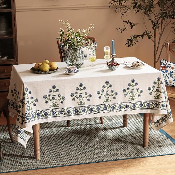 patdrea Vintage French Linen Tablecloth,Rectangular,79"x55"-Ivar B | Elegant Table Cloth for Rectangle Table,Blue and White Floral Patterned,Dining Room,Tea Party,Thanksgiving Decor