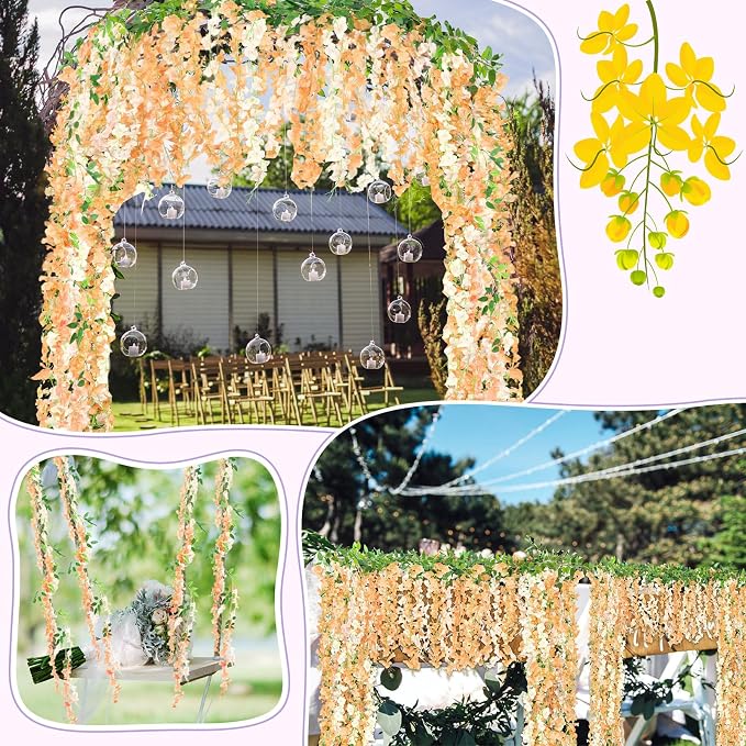 Thiccywoov 4pcs Wisteria Artificial Flowers Garland, 7.2Ft/Piece Wisteria Hanging Flowers Garland for Wedding Arch Decoration Outdoor Ceremony Home Backdrop Garden (Champagne,Orange)