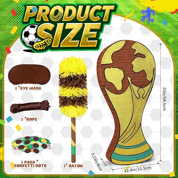 25" World Cup Trophy Piñata - Large Gold Champion Cup Pinata with Stick, Blindfold & Confetti - Soccer Theme Birthday Decorations, Sports Party Supplies for Boys Kids & Adults Victory Celebration