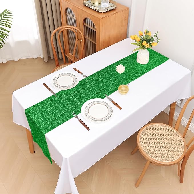 Sugargirl 10 Packs 12 x 72 inches Sequin Table Runner, Glitter Grass Green Table Runner for Birthday Party Supplies Wedding Holiday Celebration Event Decorations
