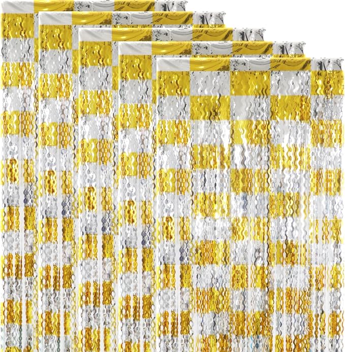 GOER Metallic Tinsel Foil Fringe Curtains Party Photo Backdrop Party Streamers for Birthday,Graduation,New Year Eve Decorations Wedding Decor (5 Packs,Gold&Silver)