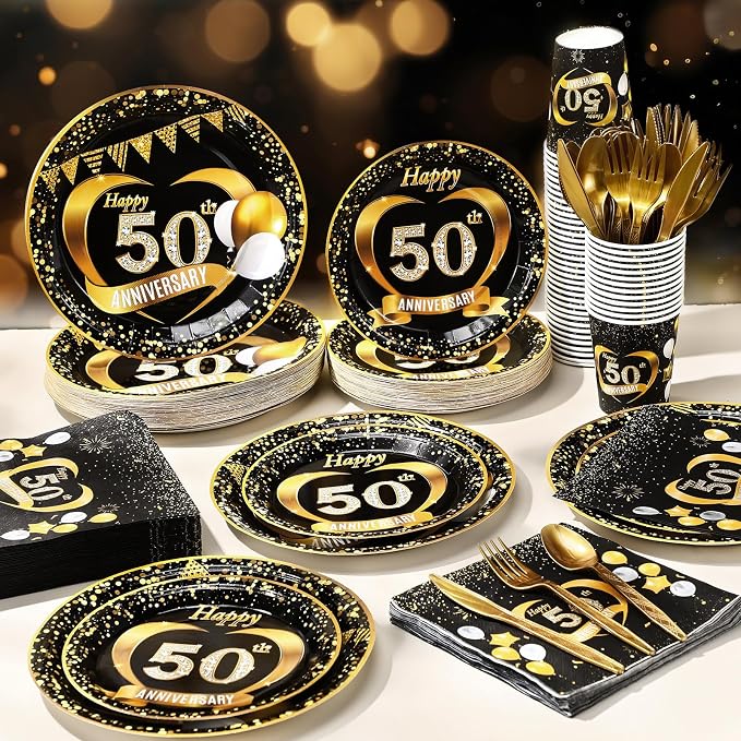 Pickmesh 400 Pcs 50th Wedding Anniversary Party Supplies - Black and Gold Disposable Paper Plates, Napkins and Cups - Tableware Decorations for Men and Women