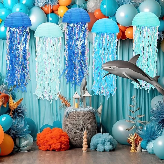 Baquler 12 Pack Jellyfish Paper Lanterns Blue Hanging Lanterns Under the Sea Party Decor Mermaid Ocean Themed Birthday Decorations for Baby Shower Nautical Pool Party