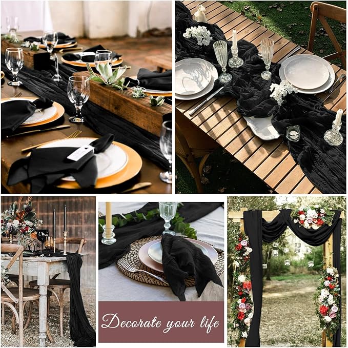 20 Pack Cheesecloth Table Runner 17 x 108 inch Long Boho Gauze Table Runners Semi Sheer Table Runner for Wedding Decor, Baby Shower, Birthday Party, Banquet (Black)