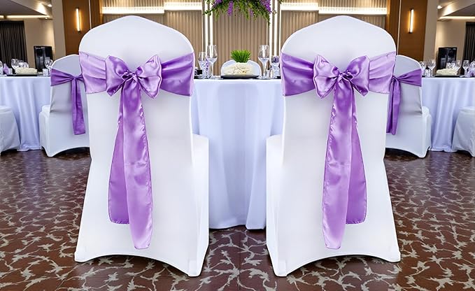 MDS Satin Chair Sashes, 100 Pack, 7”x108” Each, Decorative Chair Bows Ribbon Tie Backs for Wedding Party, Holiday Dinner, Birthday, Reception, Banquet, Hotel & Event Decoration - Lavender