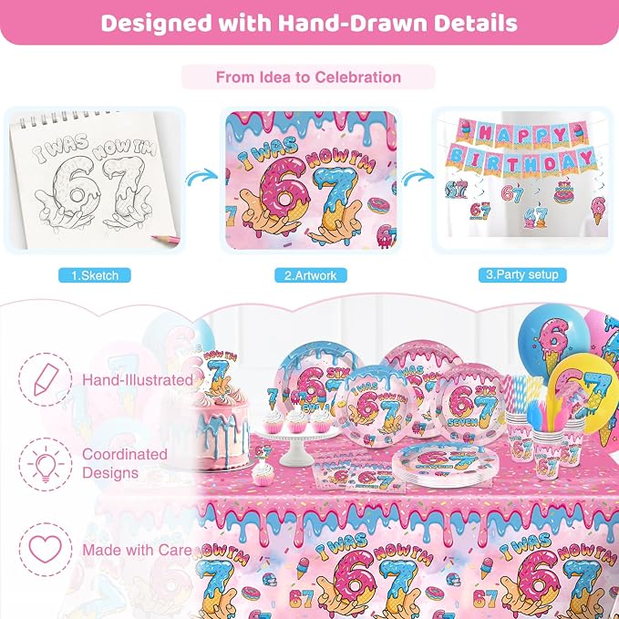 244 PCS Hand-Drawn 6 7 Birthday Decorations for 24 Guests, I Was 6 Now I'm 7 Birthday Party Supplies Set with Plates, Cups, Napkins, Banner & Balloons, Donut Ice Cream Birthday Decorations for Kids