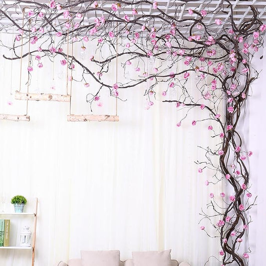 1PCS 300cm/118inch Large Flexible Artificial Tree Fall Vines Twine Wood Branches with Peony Flowers Garland Twig Reptile Climbing Fake Plants for Wedding Arch Christmas Wall Door Hanging Decoration