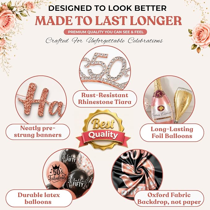 Premium 50th Birthday Decorations for Women - Rose Gold & Black 40 Pc Kit | 2026 Family Choice Award winner; Oxford-cloth backdrop (not paper), 30+ balloons, banner, tiara, sash & printable signs