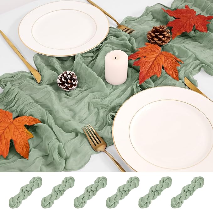 6 Pack Sage Green Table Runner, Cheesecloth Table Runner Long Romantic Semi Sheer Rustic Boho Gauze Table Runners for Wedding Bridal Shower Birthday Party Decorations(17.7×108 Inch)