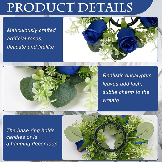 6 Sets Artificial Roses Candle Rings - Roses Floral Rings Wreaths with LED Candles Eucalyptus for Centerpieces Table Cabinets Front Doors Wedding Home Party Decor - Royal Blue