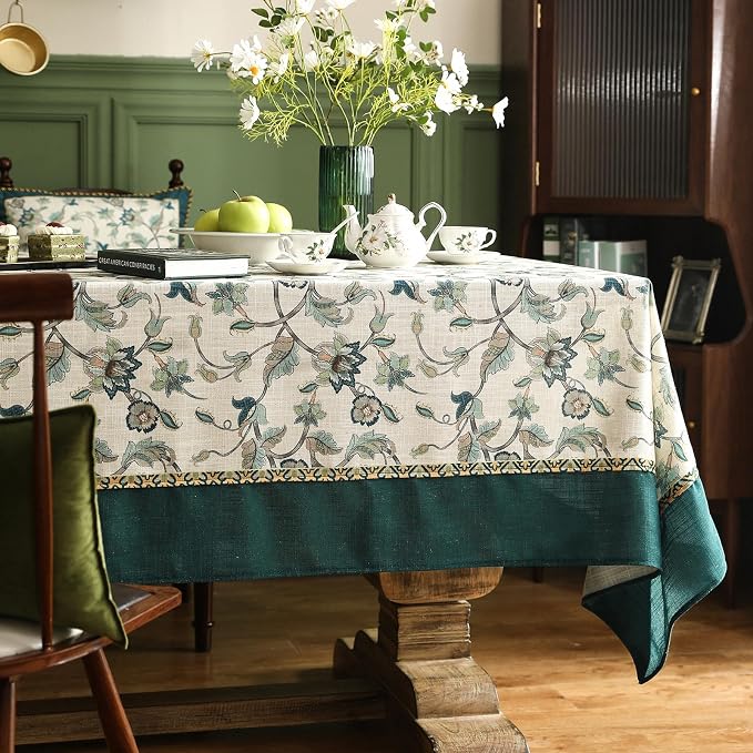 patdrea Vintage French Linen Tablecloth,Rectangular,118"x67"-Noah | Heavyweight Extra Wide Table Cloth for Rectangle Table,Botanical Green Pattern,for Dining Room Tea Party Thanksgiving