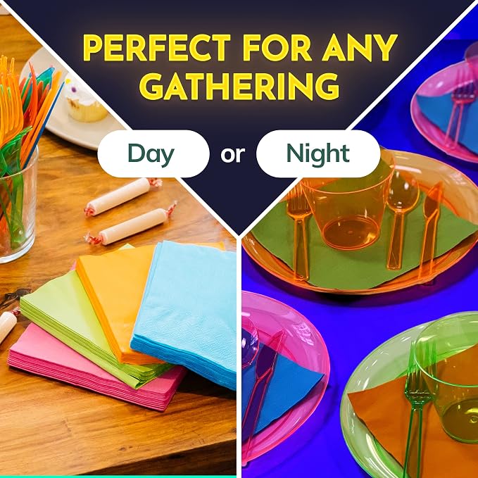 Kedudes Neon Glow Party Supplies, Serves 32 - Hard Plastic Disposable Party Neon Plates, Napkins, Neon Cups Tumblers, Cutlery - Forks, Knives, Spoons - Neon Party Decorations - Fiesta Party Supplies