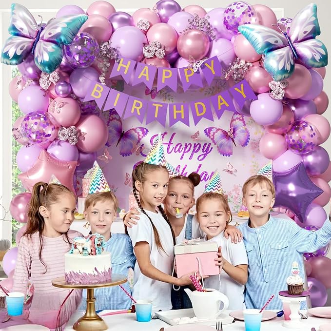 Pink and Purple Butterfly Birthday Decorations with Pastel Purple Pearl Pink Confetti Foil Balloons Tablecloth Backdrop Banner for Butterfly Birthday Party Decorations for Women