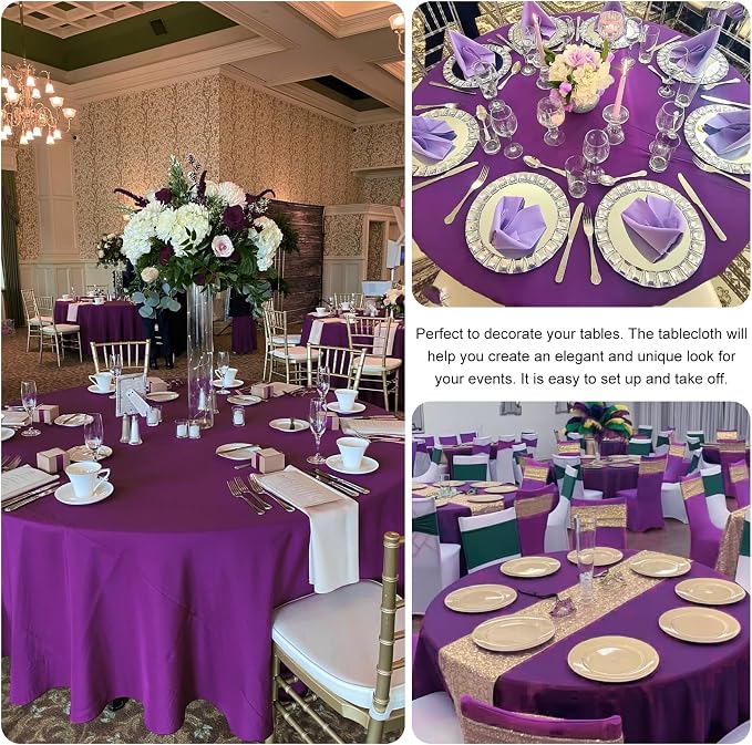 4 Pack Round Tablecloth 90 Inch Purple Polyester Washable Fabric Table Covers for Wedding Dining Table Buffet Parties Banquet Decor