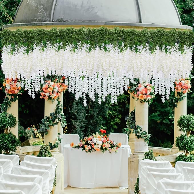 48 Pack Artificial Wisteria Hanging Flowers Fake Wisteria Flower Silk Vines Rattan Decor for Home Wedding Arch Wall Garden Greenery Bedroom Outdoor Office Party Decoration (White)
