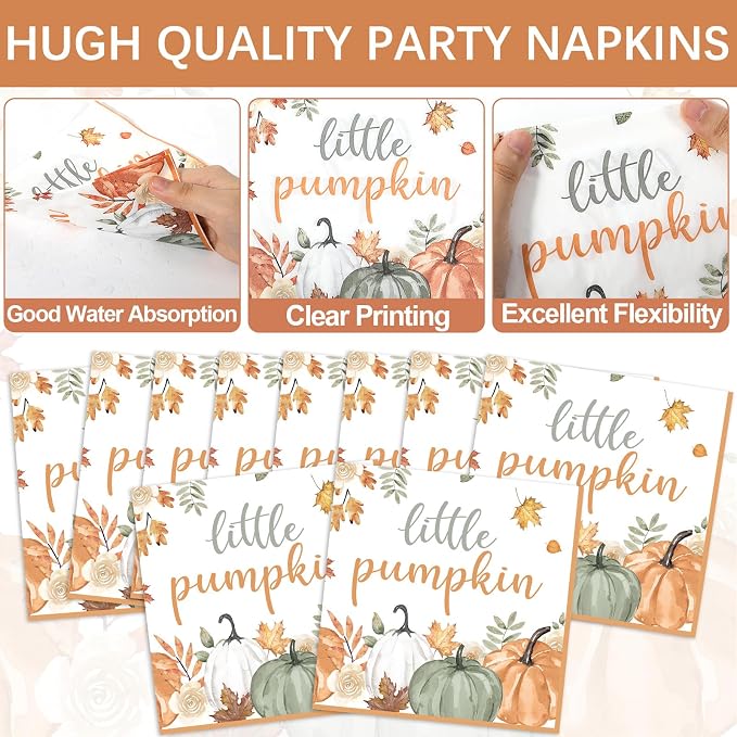 96Pcs Fall Little Pumpkin Baby Shower Party Decoration Set Autumn Lil Pumpkin Plates and Napkins Tableware Set Party Decorations for Baby Shower Fall Thanksgiving Birthday Parties Favors for 24 Guests