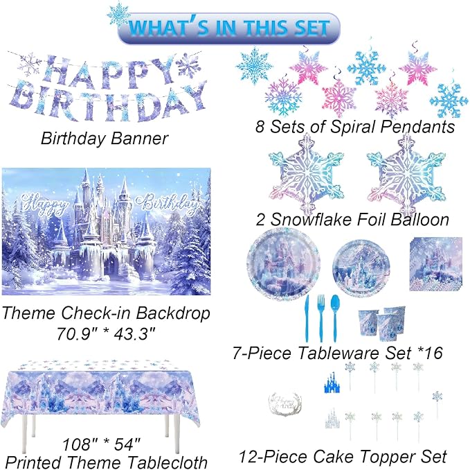 Ice Castle Themed Happy Birthday Party Decorations, Plates Napkins Cups Tableware, Winter Castle Backdrop Tablecloth, Happy Birthday Banner, Cake Topper, Colorful Printed Balloons for Kids Adults