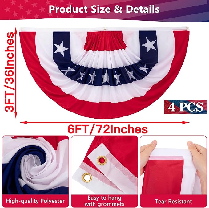 3 x 6 Ft Bunting Flags, Large Patriotic USA Pleated Fan Flags, 4th of July Decorations Bunting Banner Half Fan Flag for Independence Day Memorial Day 250th Anniversary Outdoor Home Door Yard Decor (Set of 4)