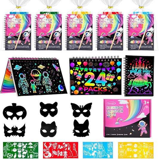 Scratch Art for Kids Notebook 4-8-12: 24 Pack Party Favors for Kid, Goodie Bags Stuffers for Kids&6 Sets Rainbow Scratch Masks Classroom Students Return School Gifts Birthday Favors Girls Boys Crafts