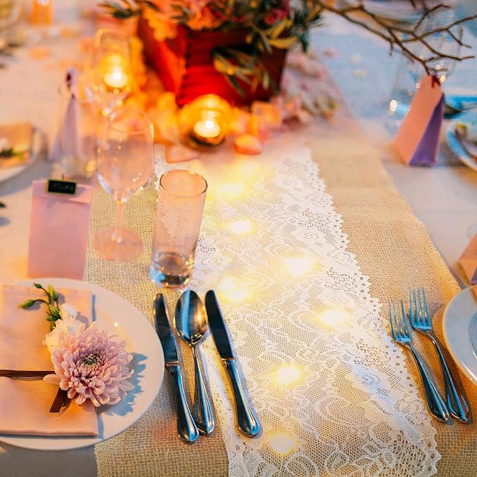 Xinnun 6 Pack Burlap Table Runner with Warm LED Lights,Rustic Lace Wedding Table Decor,Boho Farmhouse Jute Runner for Reception Bridal Shower Party(Romantic,12x70 Inches)