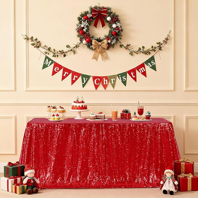 Poise3EHome Red Sequin Tablecloth 90×156 Inch Rectangle Sparkly Fabric Table Cloth for Birthday Wedding Christmas Party Holiday Baby Shower Decoration
