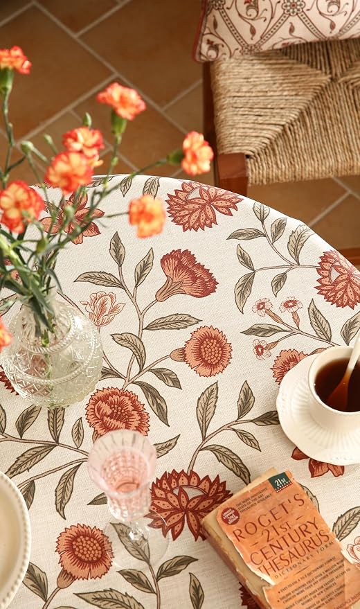 ISAENNE Designer French Linen Round Tablecloth,Diameter 67"-Alvarado D | Vintage Elegant Beautiful Table Cloth,Orange Floral Pattern,Heavyweight,Dining Room,Tea Party,Kitchen,Thanksgiving,Decor