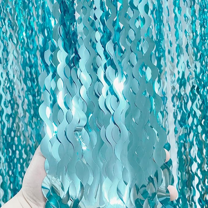 GOER 3.2 ft x 6.5 ft Metallic Tinsel Foil Fringe Curtains Party Photo Backdrop Party Streamers for Birthday,Graduation,New Year Eve Decorations Wedding Decor (1 Pack,Wavy Light Blue)
