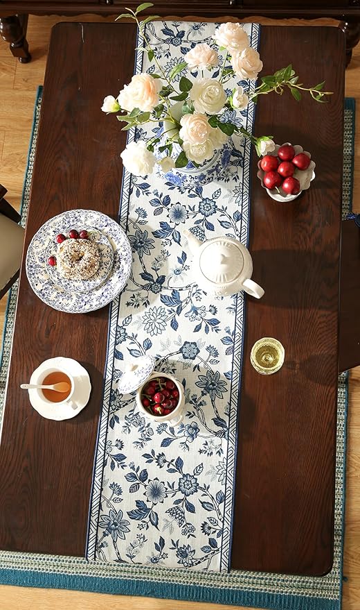 bilin gaier Blue and White Floral Linen Small Table Runner,Wrinkle-Resistant Luxury Farmhouse Decor,Decorative Vintage Runner Table Cloth for Coffee & Dining Table and Living Room,12"x63" - SuqingA