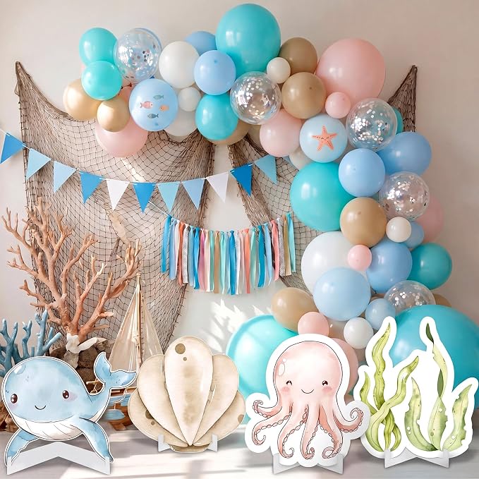 Honoson 4 Pcs Large 32" Under The Sea Party Decorations Ocean Animal Shell Cardboard Cutouts Standup Baby Shower Backdrop Photo Props Sign for Marine Animal Birthday Party Decor