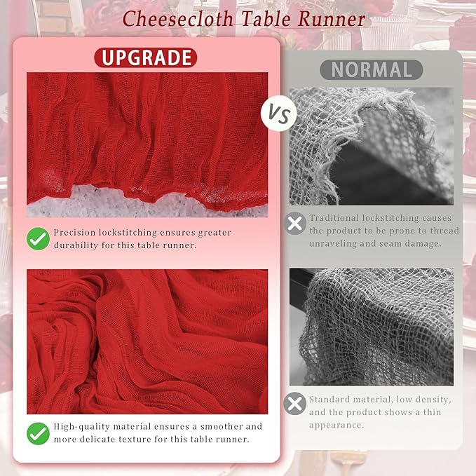 10 Pack Red Cheesecloth Table Runner 17x108 Inch Semi Sheer Boho Rustic Gauze Cheese Cloth Table Runners for Wedding Party Birthday Baby Shower Home Décor