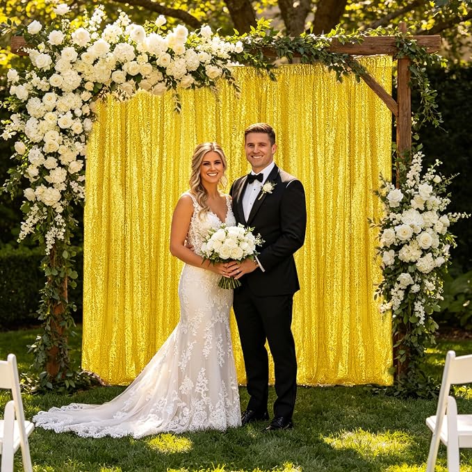 Sugargirl Golden Yellow Sequin Backdrop Curtain 6 Panels 2FTx8FT Glitter Golden Yellow Background Drapes Sparkle Photography Backdrop for Party Wedding Birthday Wall Decoration