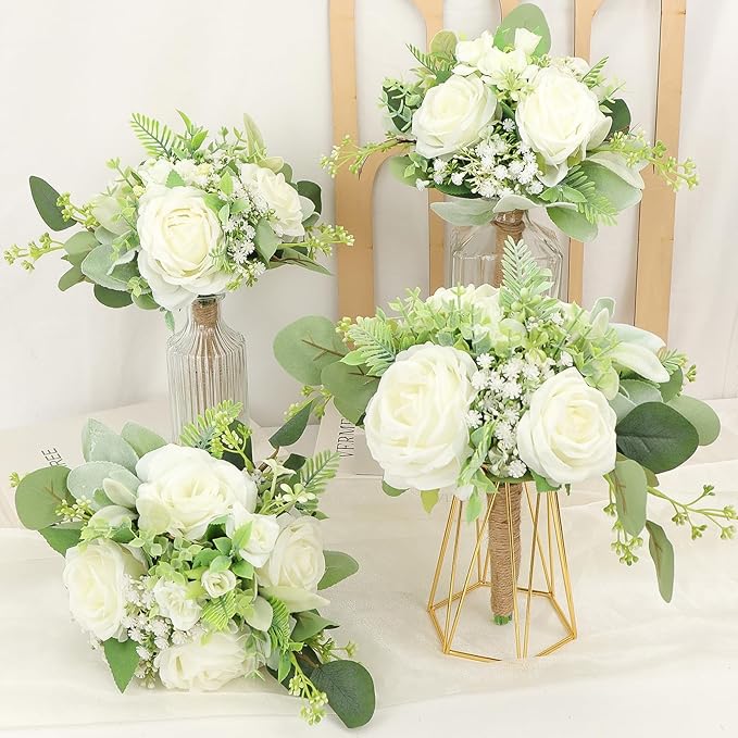 Wedding Bridesmaids Bouquet Set of 2 Artificial Flowers Bouquets for Bridesmaid Pre-Made 7 Inch Faux Small Floral Bouquets Bridal Shower, Wedding, Ceremony, Anniversary - Ivory White