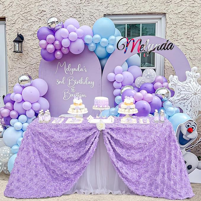 Fanqisi 50x102 Inches Rosette Satin Tablecloth Lavender Rosette Tablecloth 3D Rosette Table Line Rectangle Table Cover Wedding Party Baby Shower Decor