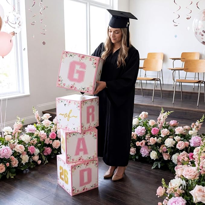 Qunclay 4 Pcs Pink Gold Floral Graduation Party Decorations Class of 2026 Floral Graduation Boxes Stackable Wildflower Congrats Grad Box for Pink Grad Theme Photo Prop Party Supplies