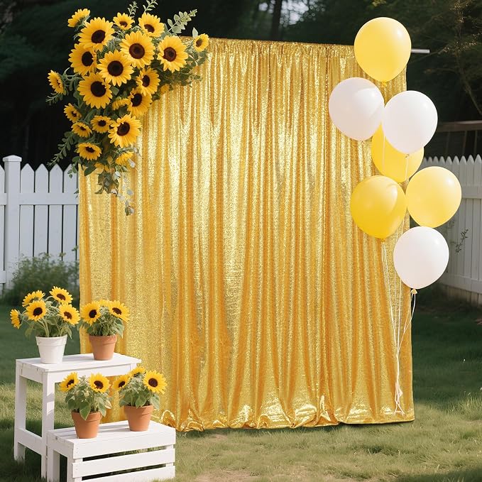 SquarePie 5x7ft Gold Sequin Backdrop for Photography, Satin-Backed Real Sequin Curtain, Enhanced Coverage Shimmering Background with 4" Rod Pocket for Wedding, Birthday, Party Decor, 1 Panel
